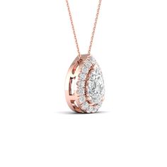 This Dewdrop Halo Necklace features a dewdrop-shaped diamond surrounded by a halo of tiny diamonds. The dewdrop-like setting creates a breathtaking visual experience, making this diamond pendant necklace perfect for any occasion, whether it’s a night out or a day at the office. It’s versatile enough to be worn with any outfit, from casual to formal. Rose Gold Teardrop Pendant Diamond Necklace, Rose Gold Teardrop Diamond Necklace, Timeless Diamond Teardrop Pendant Necklace In Prong Setting, Timeless Teardrop Diamond Necklace With Prong Setting, Rose Gold Teardrop Diamond Necklace Fine Jewelry, Teardrop Diamond Necklace With Prong Setting Fine Jewelry, Rose Gold Diamond Teardrop Necklace, Teardrop Diamond Necklace With Prong Setting, Rose Gold Teardrop Halo Jewelry