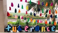 colorful tassels hanging from the side of a building next to a palm tree