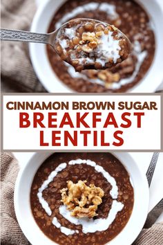 cinnamon brown sugar breakfast lentils in a white bowl