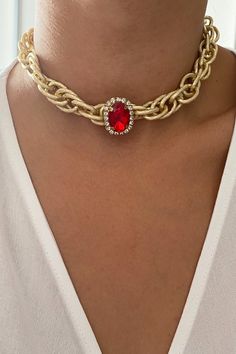 The glass crystal is decorated with zircon stones, the metal parts are resistant to external factors such as liquid contact, thanks to their special alloy and coating.  It is a choker style necklace, the length of the necklace is 13,4 inch. Red Stone Pendant, Christmas Gift For Women, Gold Chain Choker, Choker Style Necklace, Jewelry Christmas, Choker Style, Chain Choker Necklace, Pendant Gold, Christmas Gifts For Women