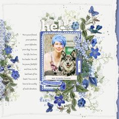 a card with blue flowers and an image of a woman holding a dog in her lap