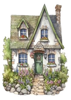 a watercolor painting of a house with flowers in the front yard and stone pathway leading to it