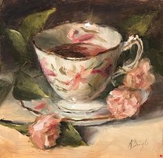 a painting of a cup and saucer with pink flowers