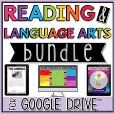 reading and language arts bundle for google drive with text overlaying the image in purple