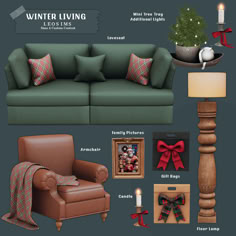 the living room is decorated in green and red colors with plaid bows, stockings, candles, christmas tree, fireplace mantel