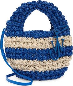 Blue Woven Crochet Bucket Bag, Blue Woven Straw Crochet Bag, Blue Straw Crochet Tote Bag, Blue Crocheted Woven Bucket Bag, Blue Crochet Bucket Bag With Braided Handles, Cotton Basket, Jw Anderson, Basket Bag, Top Top