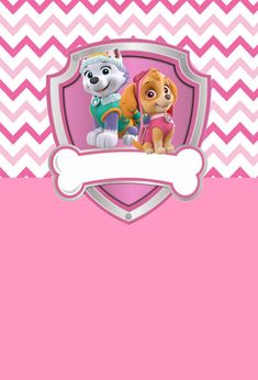 a pink background with two dogs and a bone on the bottom right corner, in front of a chevron pattern