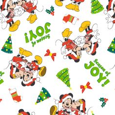 mickey and minnie mouses christmas pattern on white fabric with green, red and yellow decorations