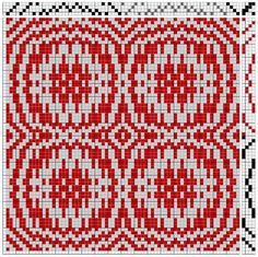 a red and white cross - stitched pattern with squares in the shape of hearts