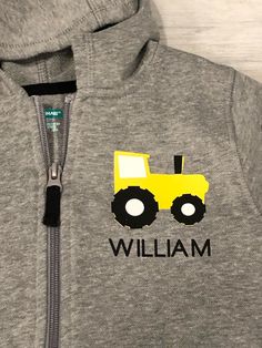 What little kid doesn't love wearing a sweatshirt personalized just for them!?!? The farm tractor is great for those that love all things trucks and farm equipment! Can be personalized with your child's name or without; just send a message directly to me with which name you would like. Farm Tractor, Farm Equipment, The Farm, Zip Up Hoodie, Kid Names, Tractor, Kids Hoodie, Selling On Etsy, Sell On Etsy