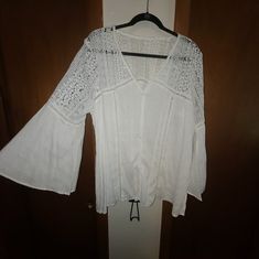 Brand And Size Unknown.. Pretty Sure Xl Or Xxl Never Worn Chic White Bell Sleeve Top, Casual White Bell Sleeve Tops, White V-neck Peasant Top For Day Out, White Cotton Bell Sleeve Top, White Bell Sleeve Tops For Summer, Chic Bell Sleeve Beach Top, Chic Bell Sleeve Tops For Beach, White Bohemian Bell Sleeve Top, Breastfeeding Shirt