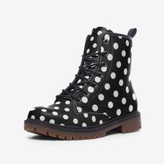 Polka Dot Boots Black And White Vegan Leather Lace Up Combat Boots Polka Dots Shoes Rave Wear Festival Shoes Faux Leather Boots Rubber sole Faux Leather Padded collar for added comfort Lace-up front Wide Fit PROCESSING : -Your Boots are made to order, meaning we print them special just for you when your order is placed. Please allow 2 - 7 business days for us to print your Boots. -The average shipping time is 7 - 20 business days depending on the delivery destination. Photography Shirts, Vintage Shoes Women, Polka Dot Shoes, Festival Shoes, Lace Up Combat Boots, Faux Leather Boots, Rave Wear, Leather Lace, Vintage Shoes