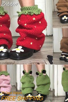 the legs and feet of a person wearing crocheted slippers with flowers on them