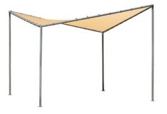 an awning with metal poles and beige fabric on the top, against a white background