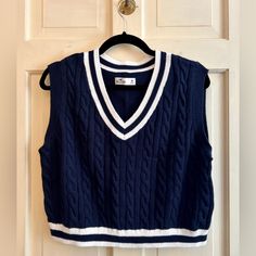 100% Cotton Navy Blue With White Stripes Cable Knit Tags: Sweater Vest, Academia, Cricket Sweater Blue V-neck Sweater Vest For Fall, Navy Sweater For College In Fall, Casual Navy V-neck Sweater For Fall, Blue Knit Sweater Vest For Fall, Navy Preppy Sweater For Fall, Navy Casual V-neck Sweater For Fall, Navy Fitted Knitted Sweater, Fitted Navy Knitted Sweater, Fitted Blue Knitted Sweater Vest