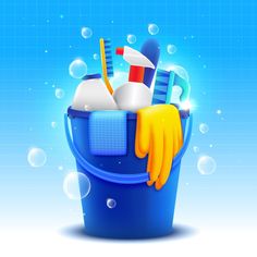 a bucket filled with cleaning supplies on top of a blue background