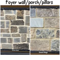 two pictures side by side showing different types of stone wall and flooring options for the walls