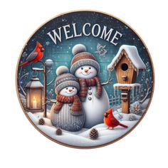 a welcome sign with two snowmen and a cardinal