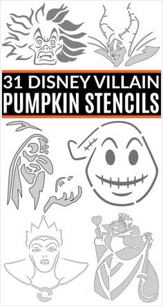 the disney villain pumpkin stencils are shown in black and white, with an orange stripe