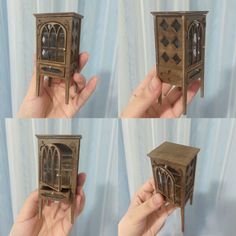 four different views of a small wooden cabinet with glass doors and windows on the front