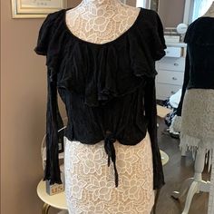 Bell Sleeves, Never Worn (No Tag). Spring Black Blouse With Ruffles, Spring Black Ruffled Blouse, Black Ruffled Blouse For Spring, Casual Ruffled Tops For Night Out, Black Ruffled Tops For Night Out, Fitted Black Top With Ruffles, Ruffles Shirt, Black Crop Top, Vintage Havana