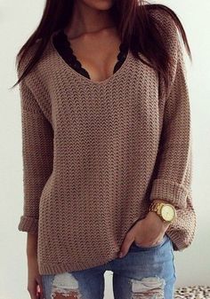 Coffee Plain Hollow-out V-neck Long Sleeve Loose Vintage Casual Pullover Sweater Casual Pullover Sweater, Mode Tips, Vogue Knitting, Fall Clothes, Casual Pullover, Fall Winter Outfits, Street Styles