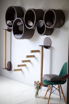 a room with several shelves and chairs on the wall next to a plant in a vase