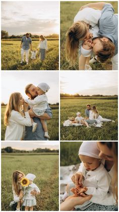 a collage of photos with people in the grass and one woman holding a baby