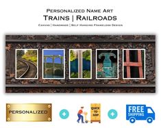 the personalized name art trains railroads is displayed in front of a train track