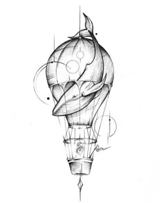 an ink drawing of a hot air balloon with swirls and circles on it's side