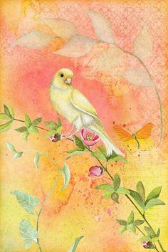 a yellow bird sitting on top of a branch with pink flowers and butterflies around it