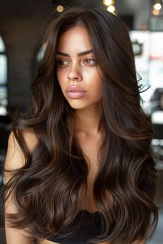 Woman with long, wavy, dark brown hair looking off to the side in a softly lit room. Brown Hair Colors All One Color, Warm Tone On Tone Balayage, Dark Brown With Mocha Highlights, Tones Of Brown Hair Shades, Expressing Brown Hair, Dark To Brown Hair, Deep Mocha Brown Hair, Long Chocolate Brown Hair With Layers, Rich Brunette With Dimension