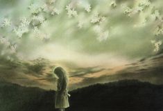 a painting of a girl looking up at the sky with snow flakes floating in the air