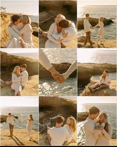 a man and woman holding hands while standing on the beach next to the ocean with their arms around each other