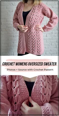 the crochet women's oversize sweater is shown in pink