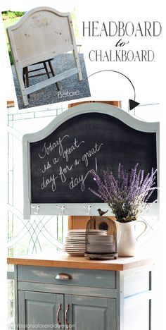 a chalkboard is on top of a dresser with flowers in the vase and an old chair next to it