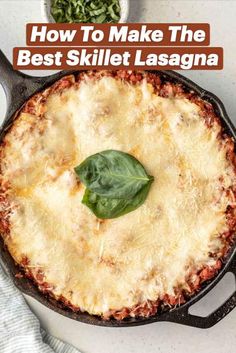 a pizza with cheese and spinach in a skillet next to other food items