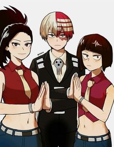 three anime characters standing next to each other with their hands in front of the camera