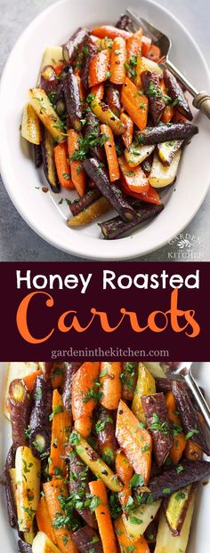 roasted carrots with parsley in a white bowl and on a plate, next to the recipe title