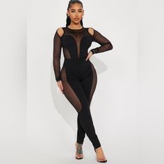 Jumpsuit Partial Mesh Cut Out Crew Neck Legging Stretch Shell 1: 78% Nylon 22% Spandex Shell 2: 89% Polyester 11% Spandex Sequin Flare Pants, Summer Linen Pants, Lululemon Black Leggings, Stephanie Rao, Mesh Jumpsuit, Slim Straight Pants, Cropped Linen Pants, Sweater Jumpsuit, Jumpsuit Black