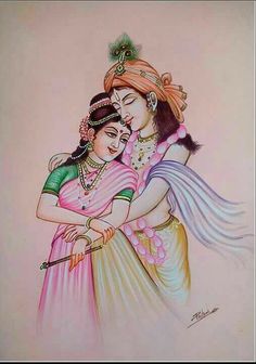 a painting of two women hugging each other with an umbrella in their hand and the woman is wearing a pink sari