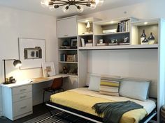 a bedroom with a bed, desk and shelves