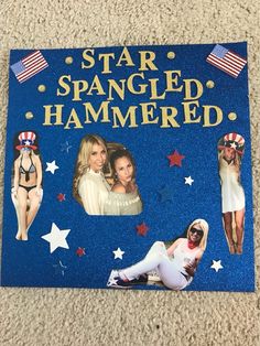 a star spangled hammered book on the floor with pictures of women in bathing suits