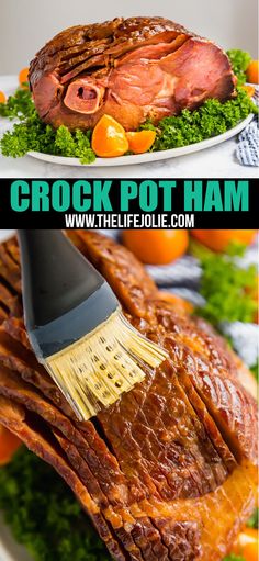 a large piece of meat being brushed with a brush on top of it and the words crock pot ham above it