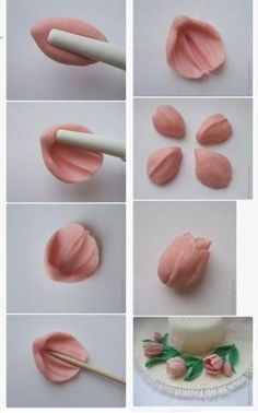 there are many pictures of pink flowers being made with fondant icing on the cake