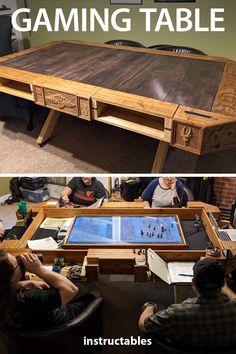 two pictures with people sitting at a table and one has a game board on it