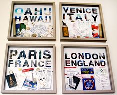 four framed pictures hanging on a wall with the words paris and london written in them