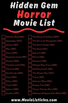 the hidden gems horror movie list is shown in red and black, with an image of a