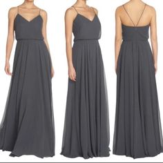 three different views of a woman wearing a long gray dress with straps on the back