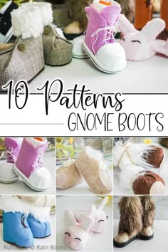 the top ten patterns for gnome boots with text overlay that reads,'10 different styles